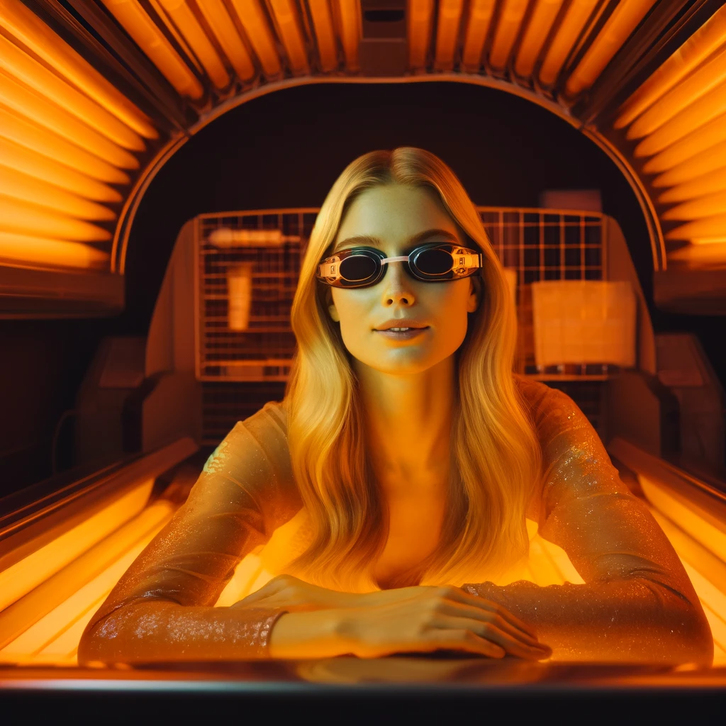 DALL·E 2024-05-21 15.50.08 - A scene showing a blonde woman relaxing in a tanning bed. The woman has long, blonde hair and a peaceful expression. She is wearing protective eye goggles