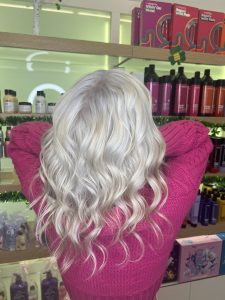 All over Balayage example, Blonde woman rear view with long hair after one session