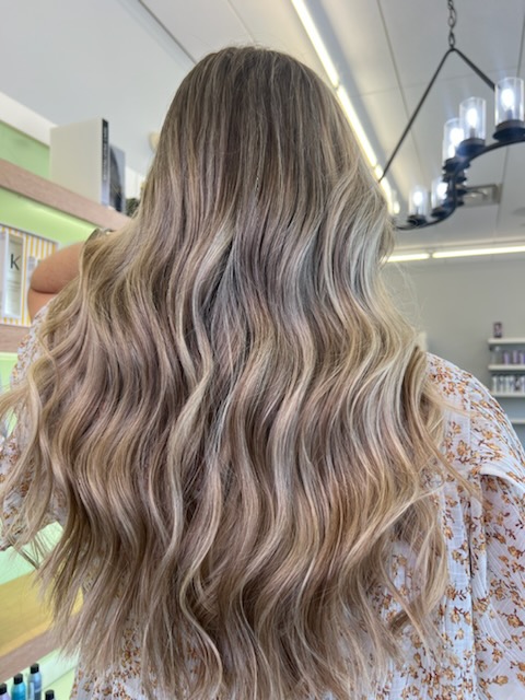 Long blonde hair shown from the rear. Blonde balayage.