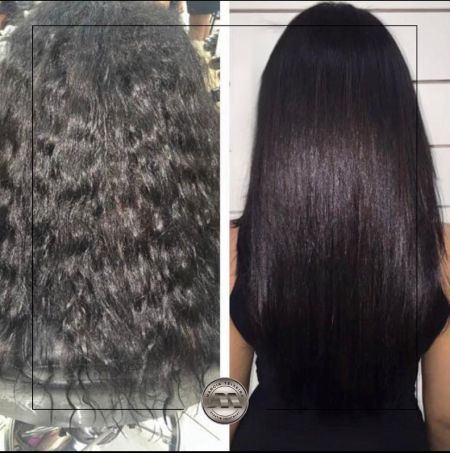 Woman from a rear view showing a before and after hair texture treatment.